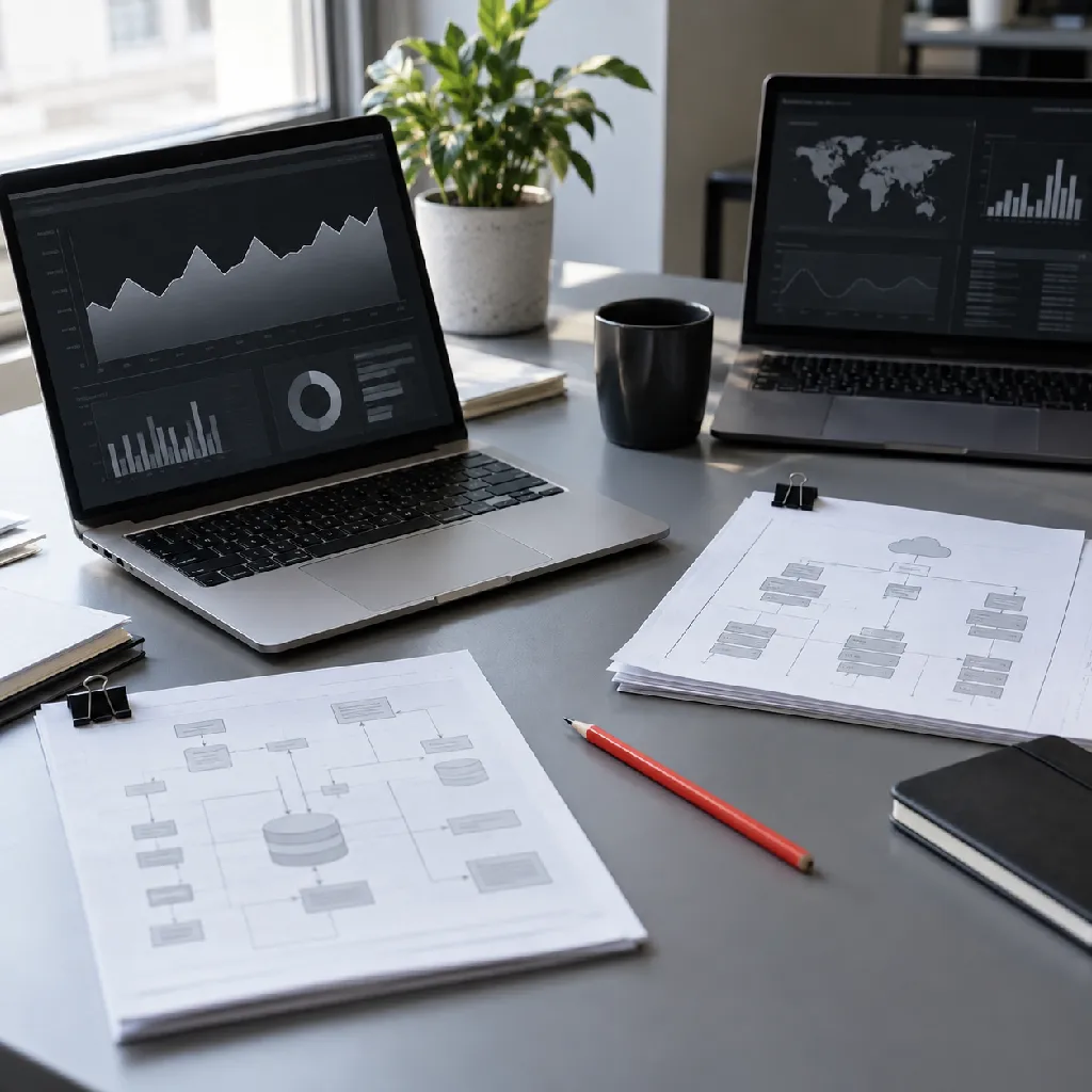 Operations table with data architecture notes, laptops, and monochrome analytics displays.