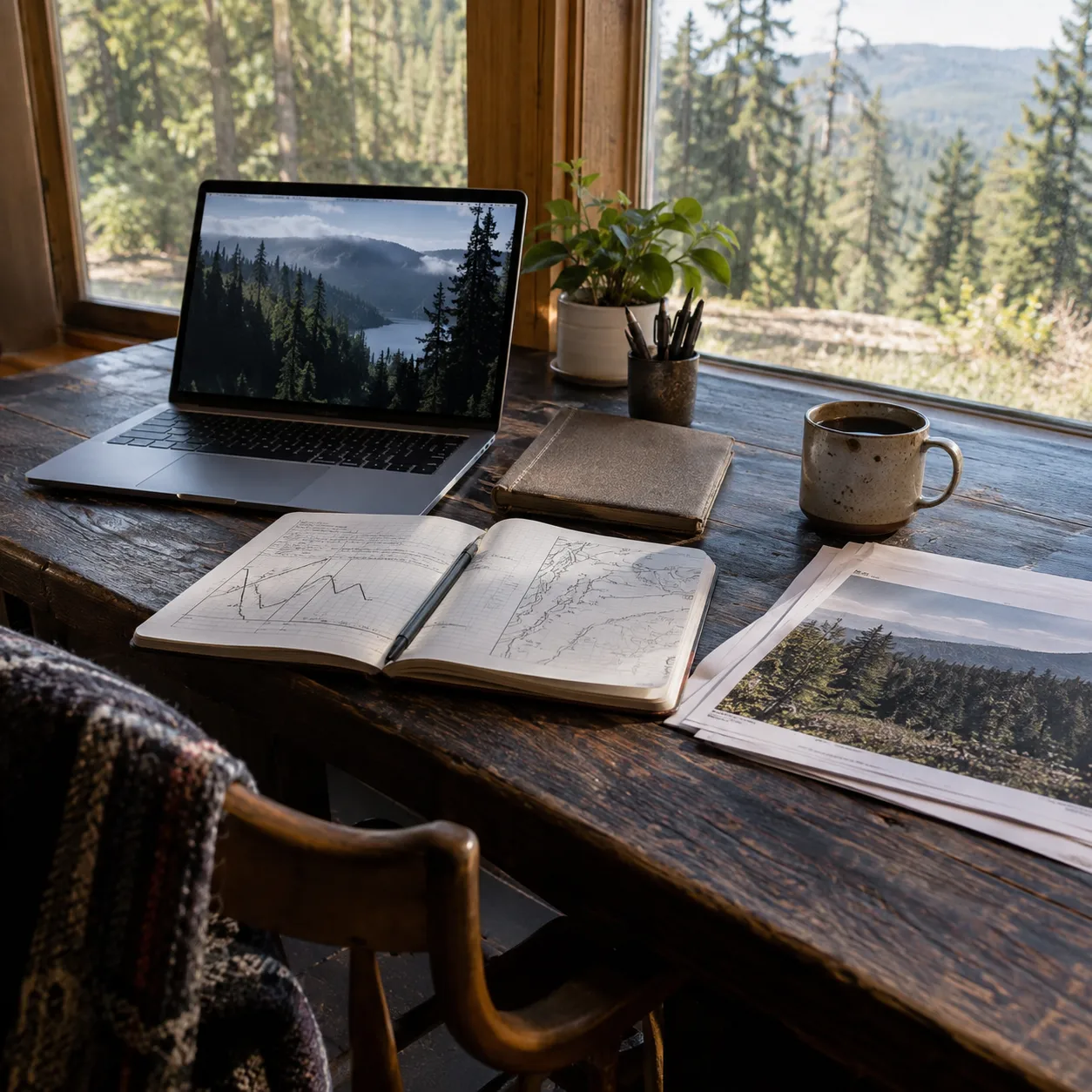 A worktable with a laptop, notebook, fiber line notes, and afternoon light across a technical planning session.