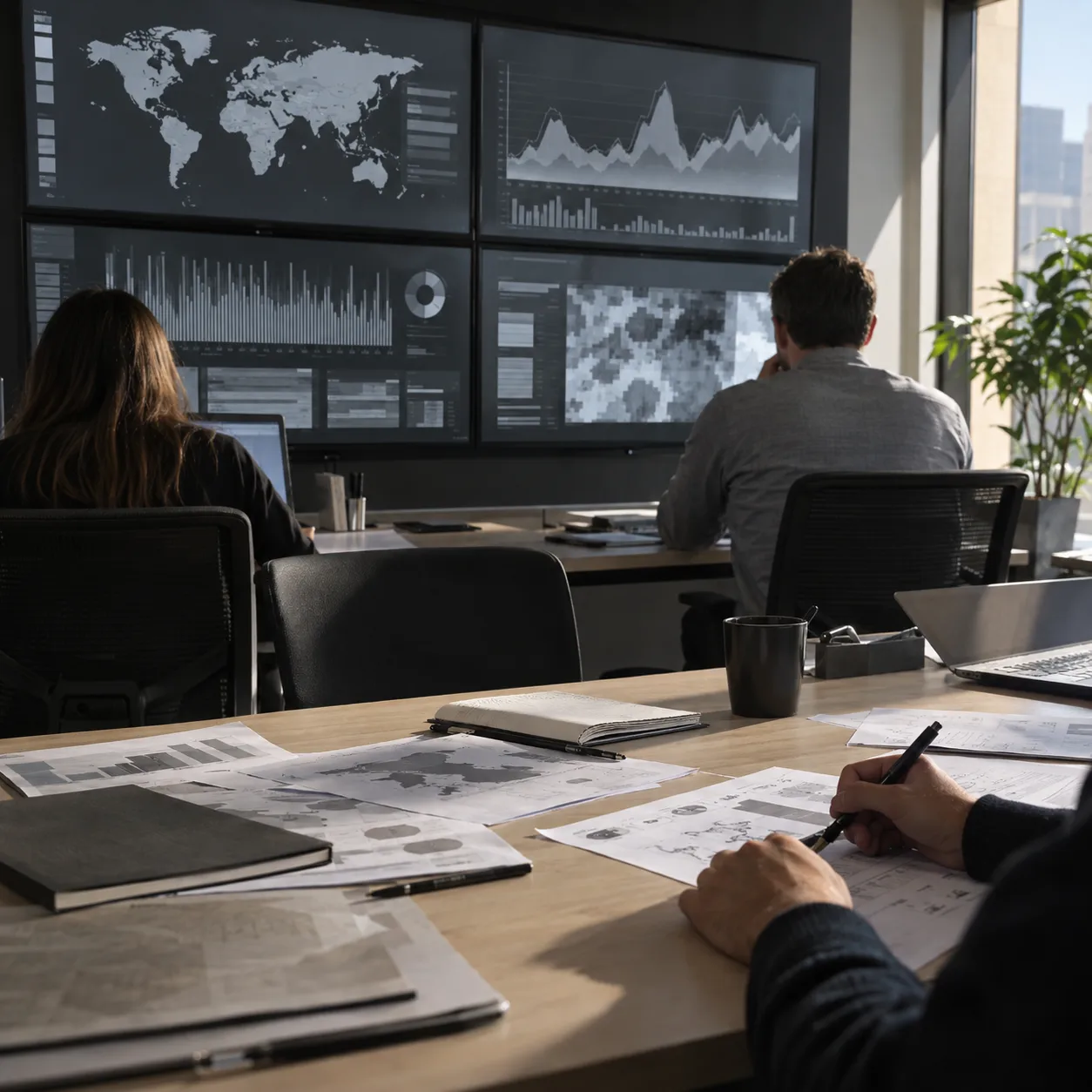A media operations room with campaign signal boards, notebooks, and analytics screens.